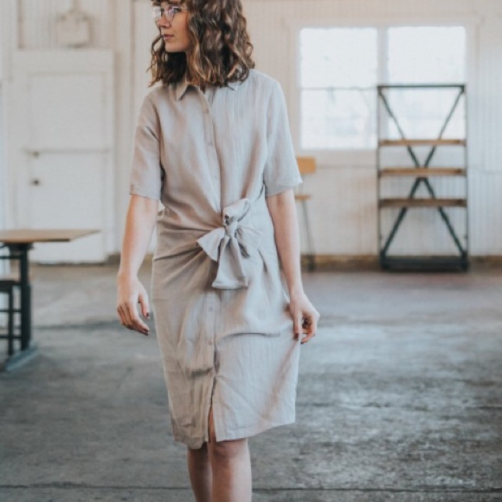 Grey tie waist shirt dress